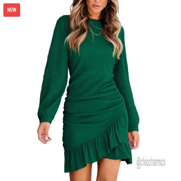 Knit Ruched Bodycon Mini Dress Long Sleeve Ruffle Hem Fall Holiday